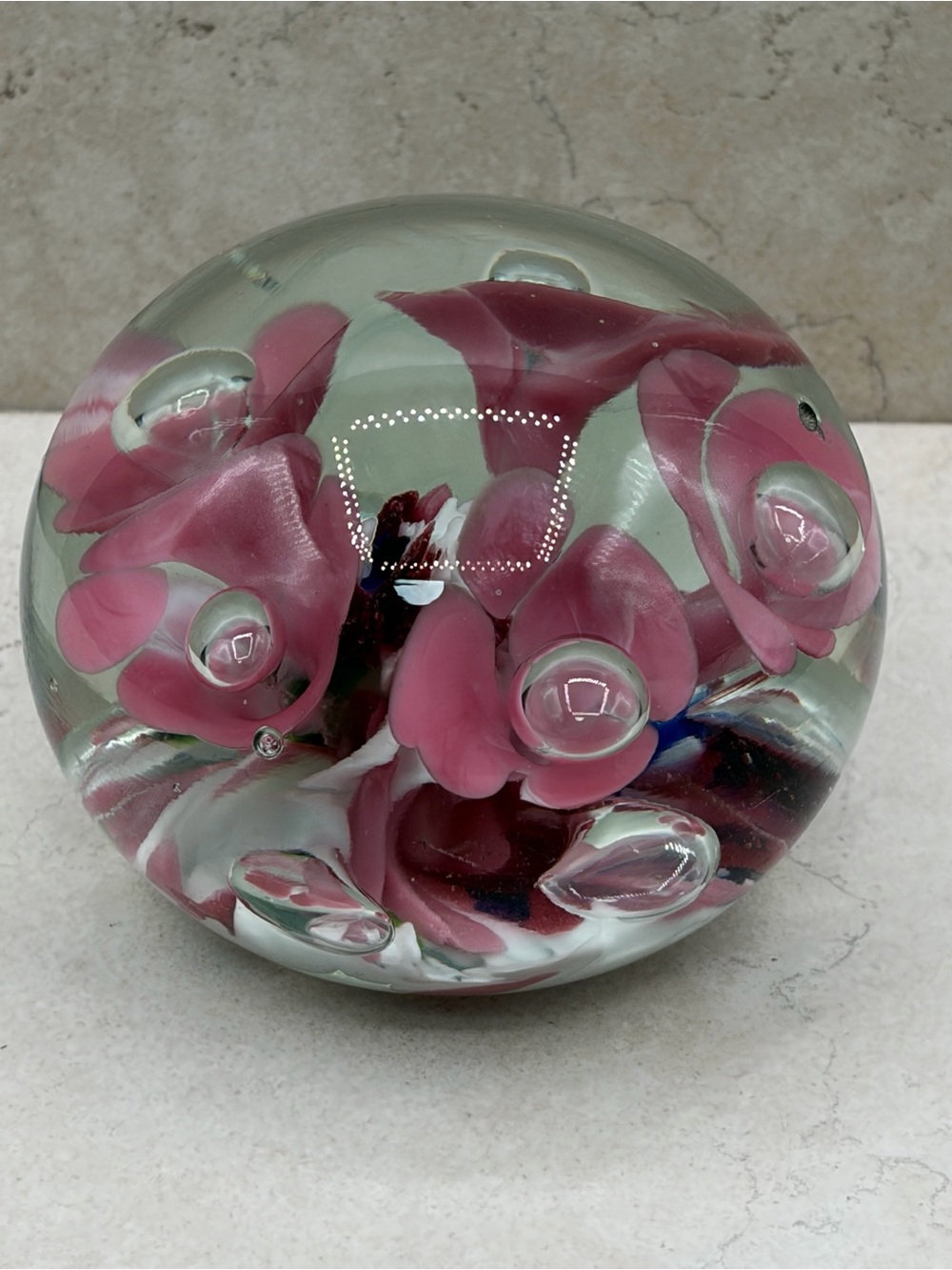 1970's JOE ST CLAIRE Hand Blown Art Glass Pink Trumpet Flower Paperweight